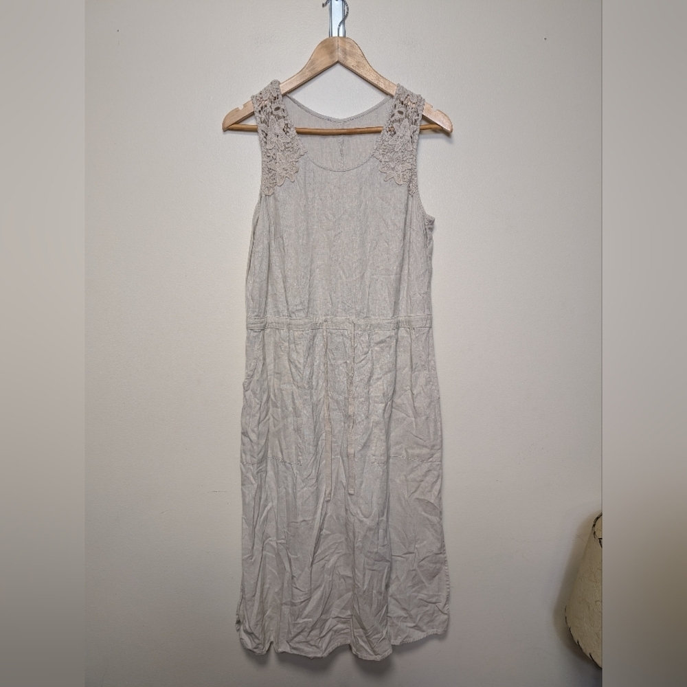 Linen Blend Sleeveless Dress | Light Taupe | Crochet Strap Detail | Size M